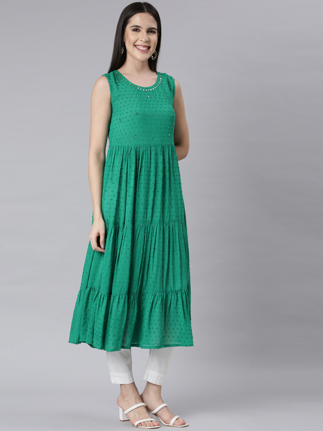 Neerus Green Panelled Anarkali Embellished Kurtas