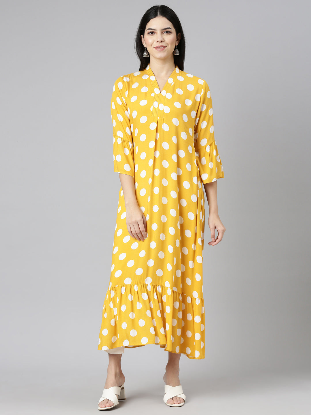 Neeru's Mustard Straight Casual Printed Dress