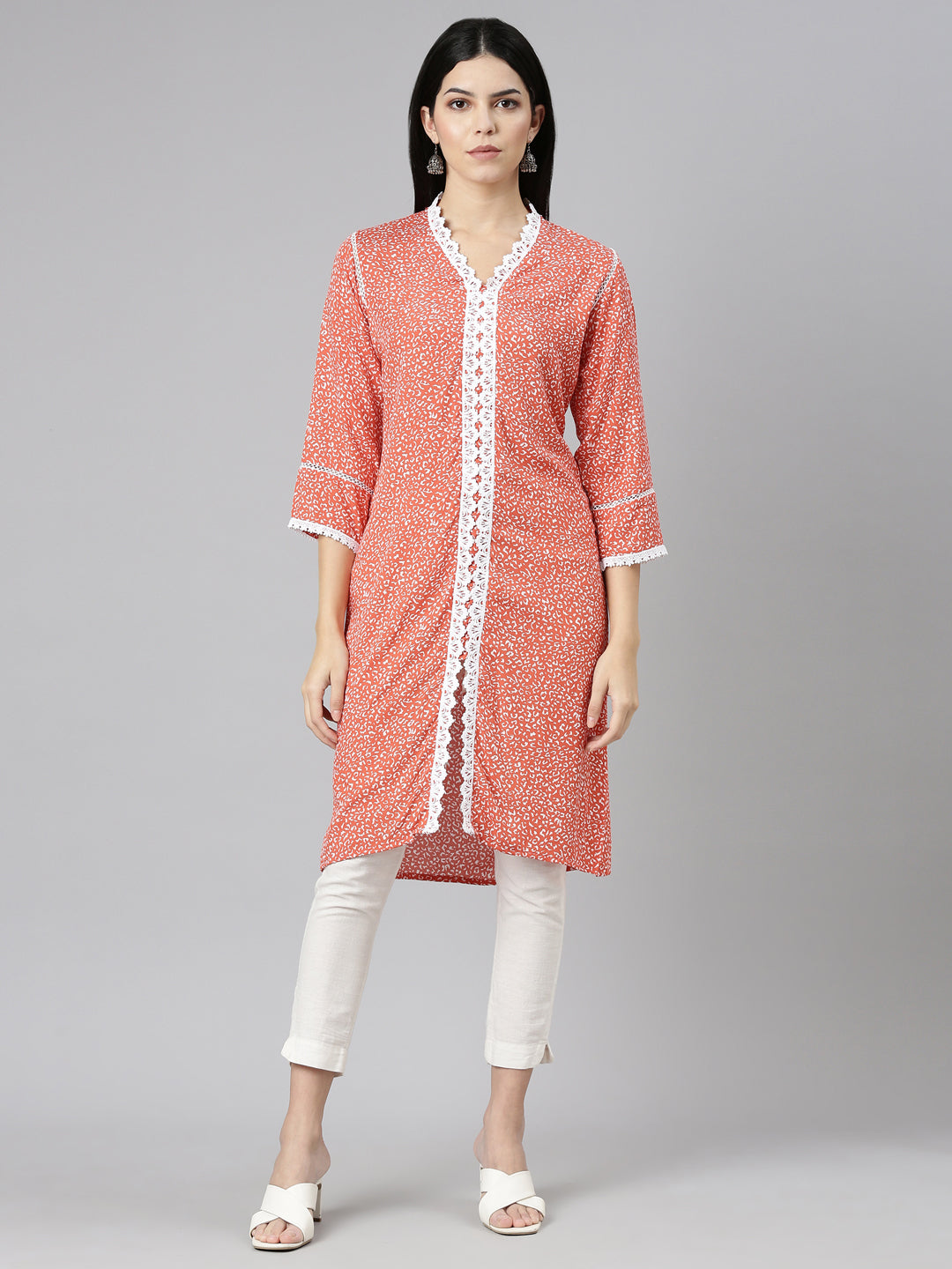 Neeru's Rust Regular Straight Printed Kurtas