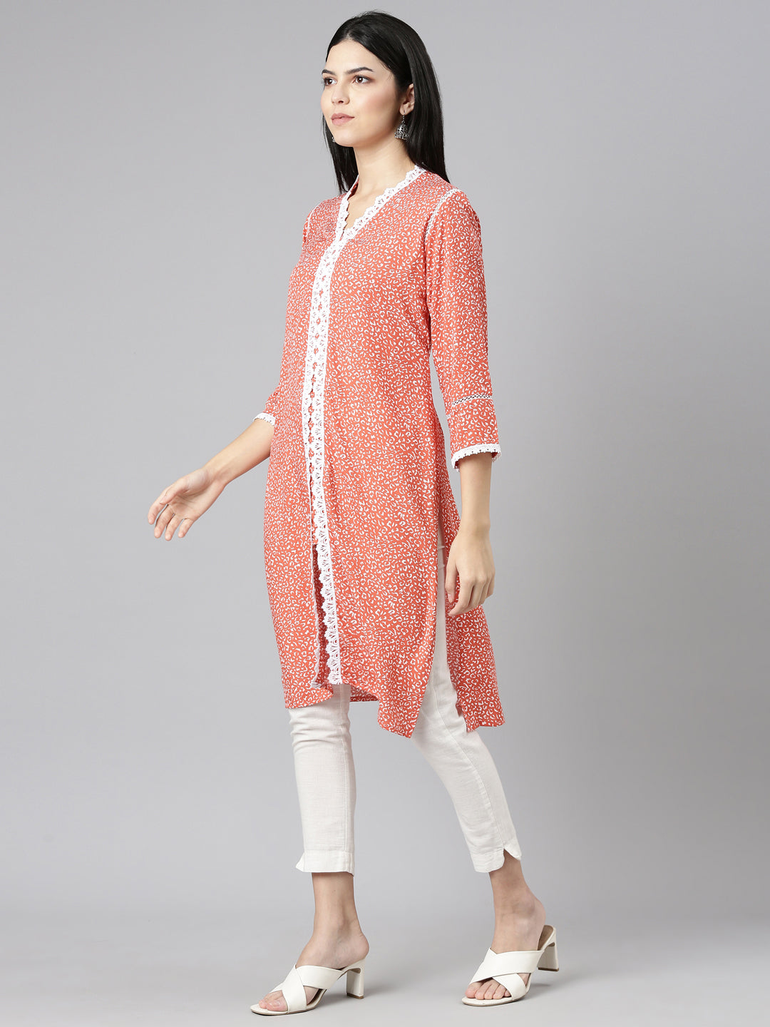 Neeru's Rust Regular Straight Printed Kurtas