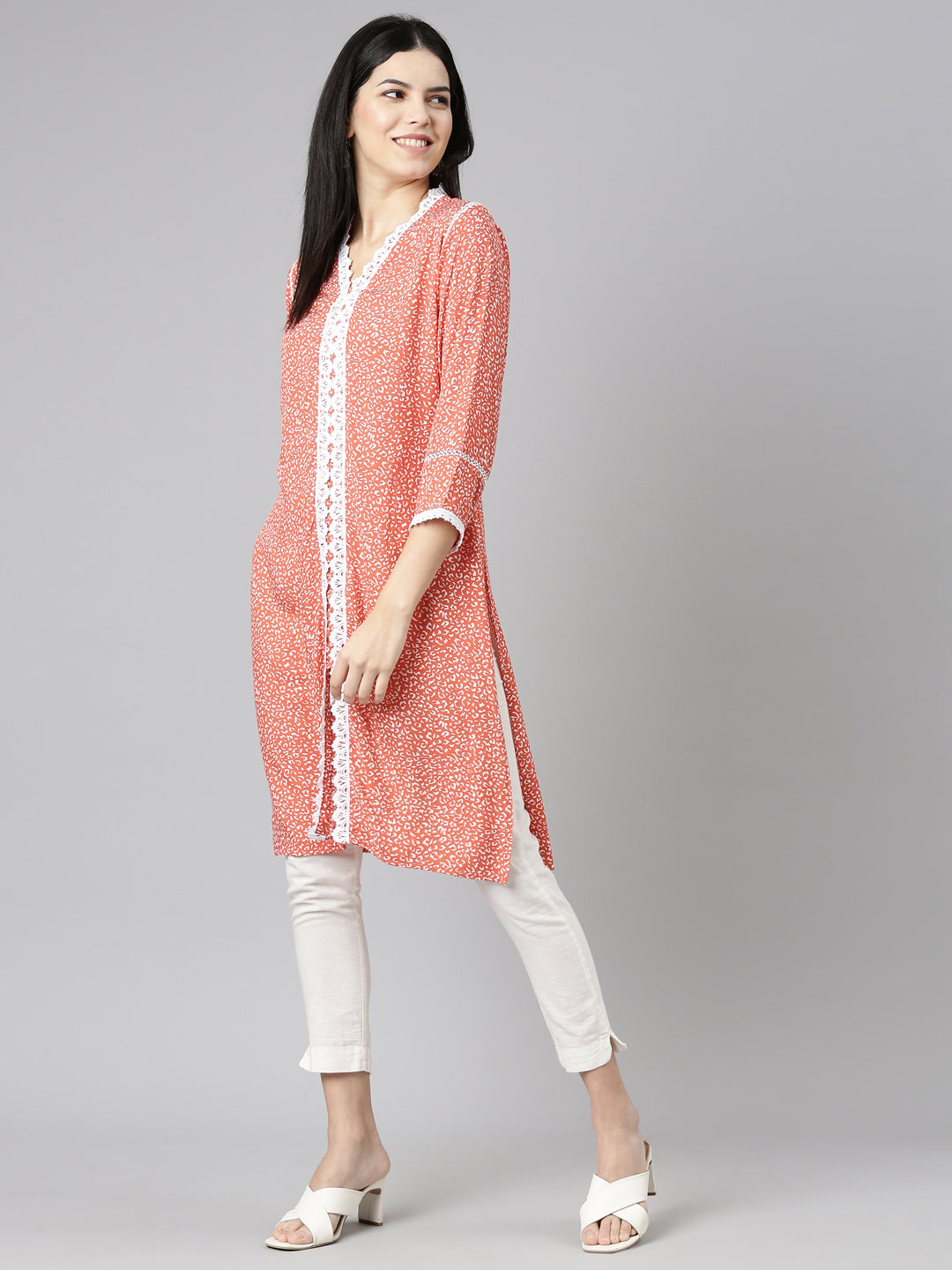 Neeru's Rust Regular Straight Printed Kurtas