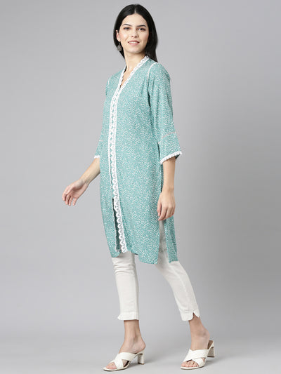 Neeru's Sea Green Regular Straight Printed Kurtas