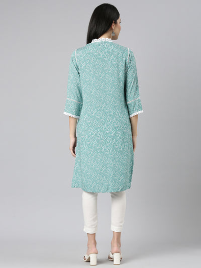 Neeru's Sea Green Regular Straight Printed Kurtas