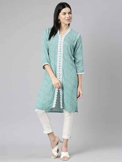 Neeru's Sea Green Regular Straight Printed Kurtas