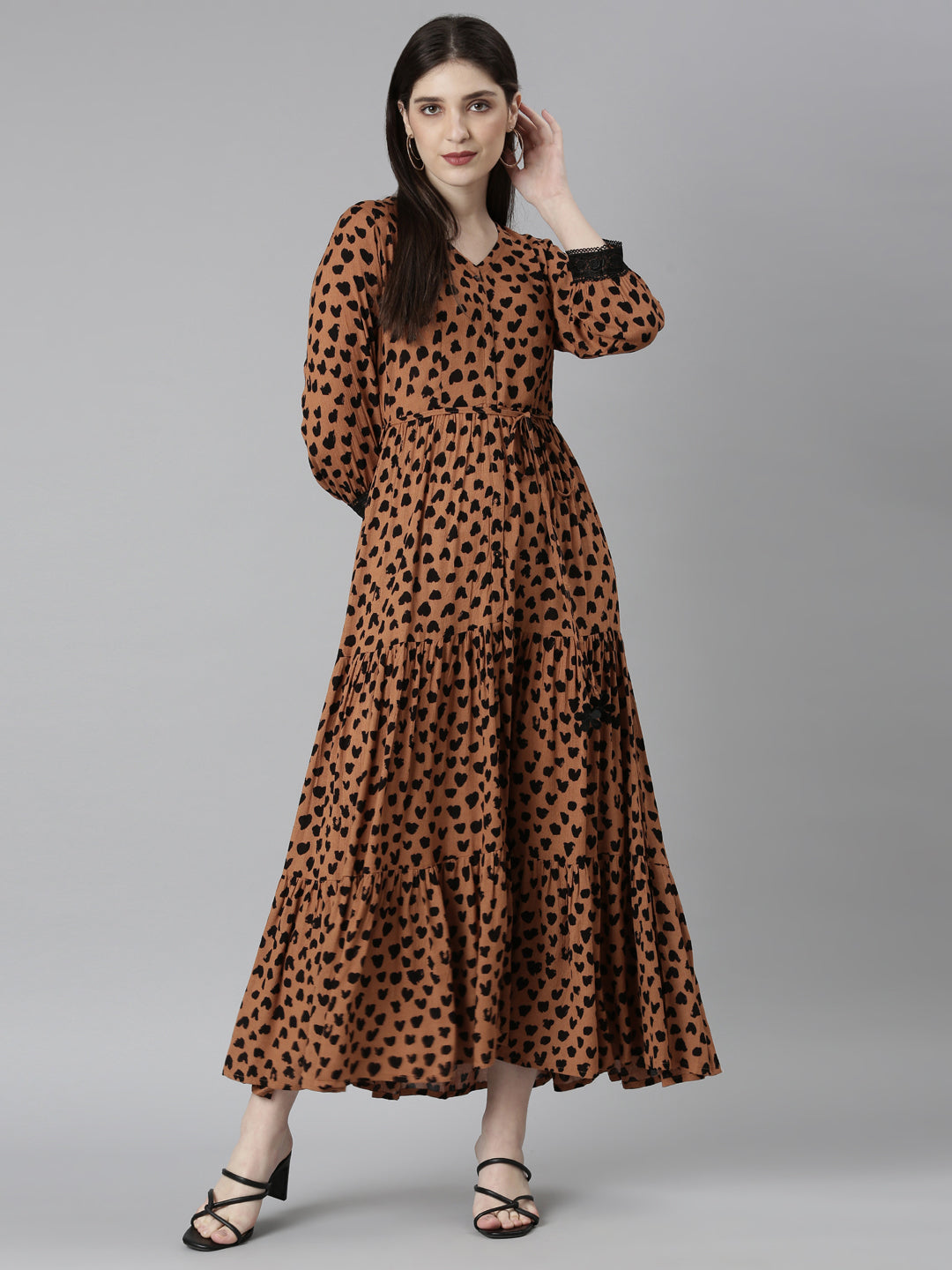 Neeru's Brown Straight Casual Polka Dots Dresses