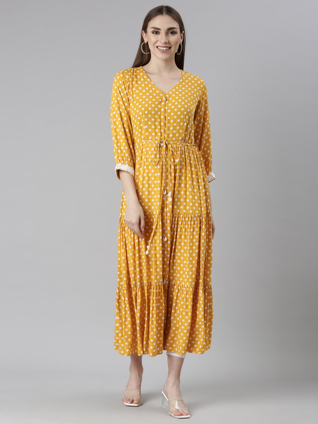 Neeru's Mustard Straight Casual Polka Dots Dresses