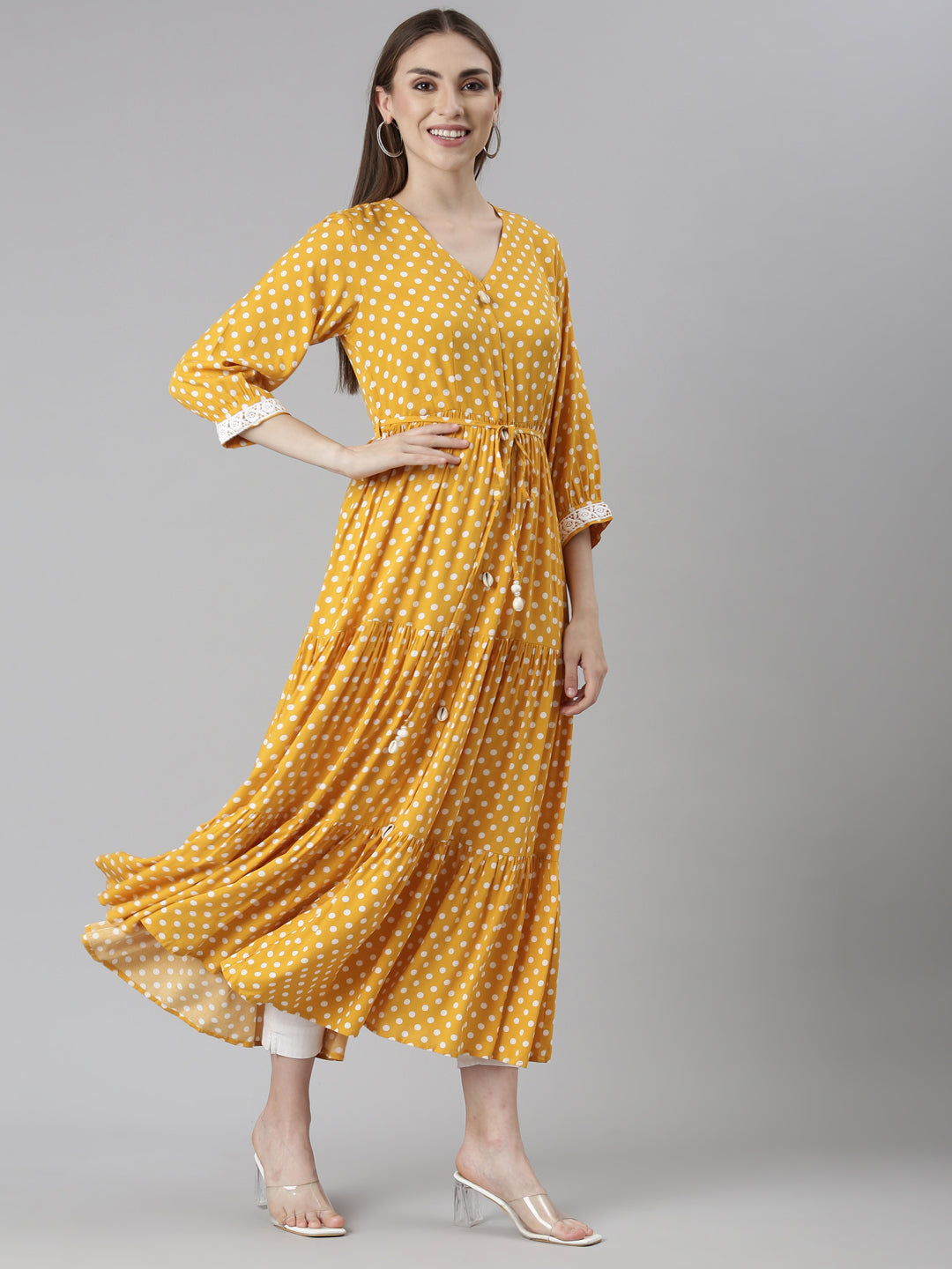 Neeru's Mustard Straight Casual Polka Dots Dresses