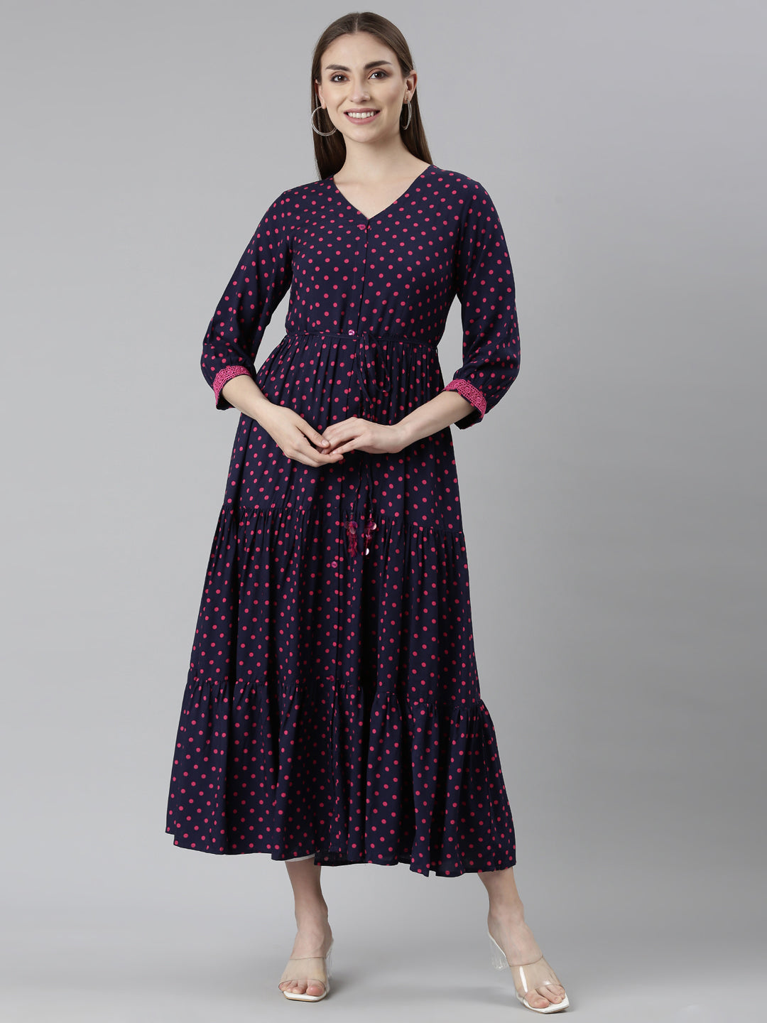 Neeru's Navy Blue Straight Casual Polka Dots Dresses