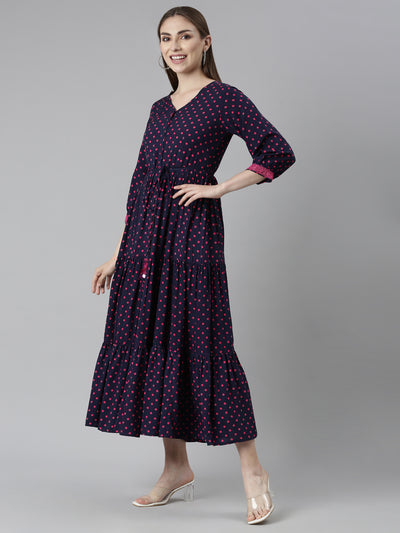 Neeru's Navy Blue Straight Casual Polka Dots Dresses