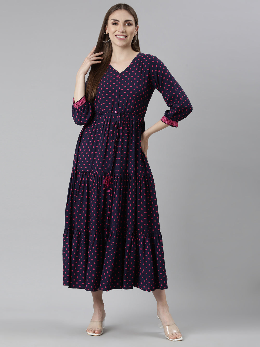 Neeru's Navy Blue Straight Casual Polka Dots Dresses