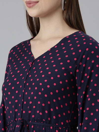 Neeru's Navy Blue Straight Casual Polka Dots Dresses