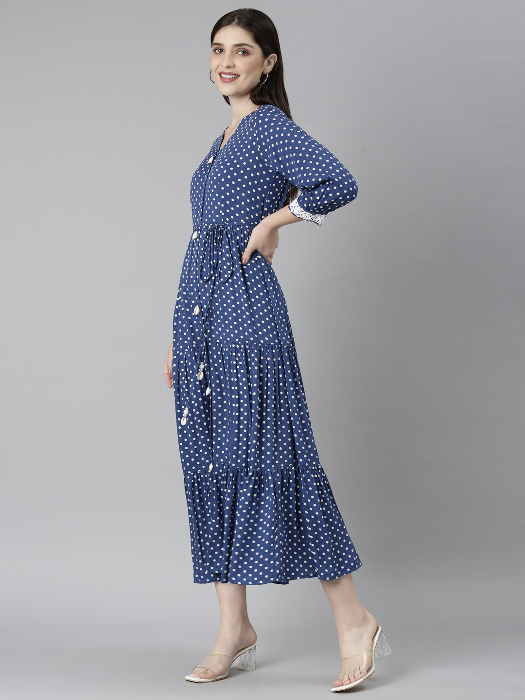 Neeru's Blue Straight Casual Polka Dots Dresses