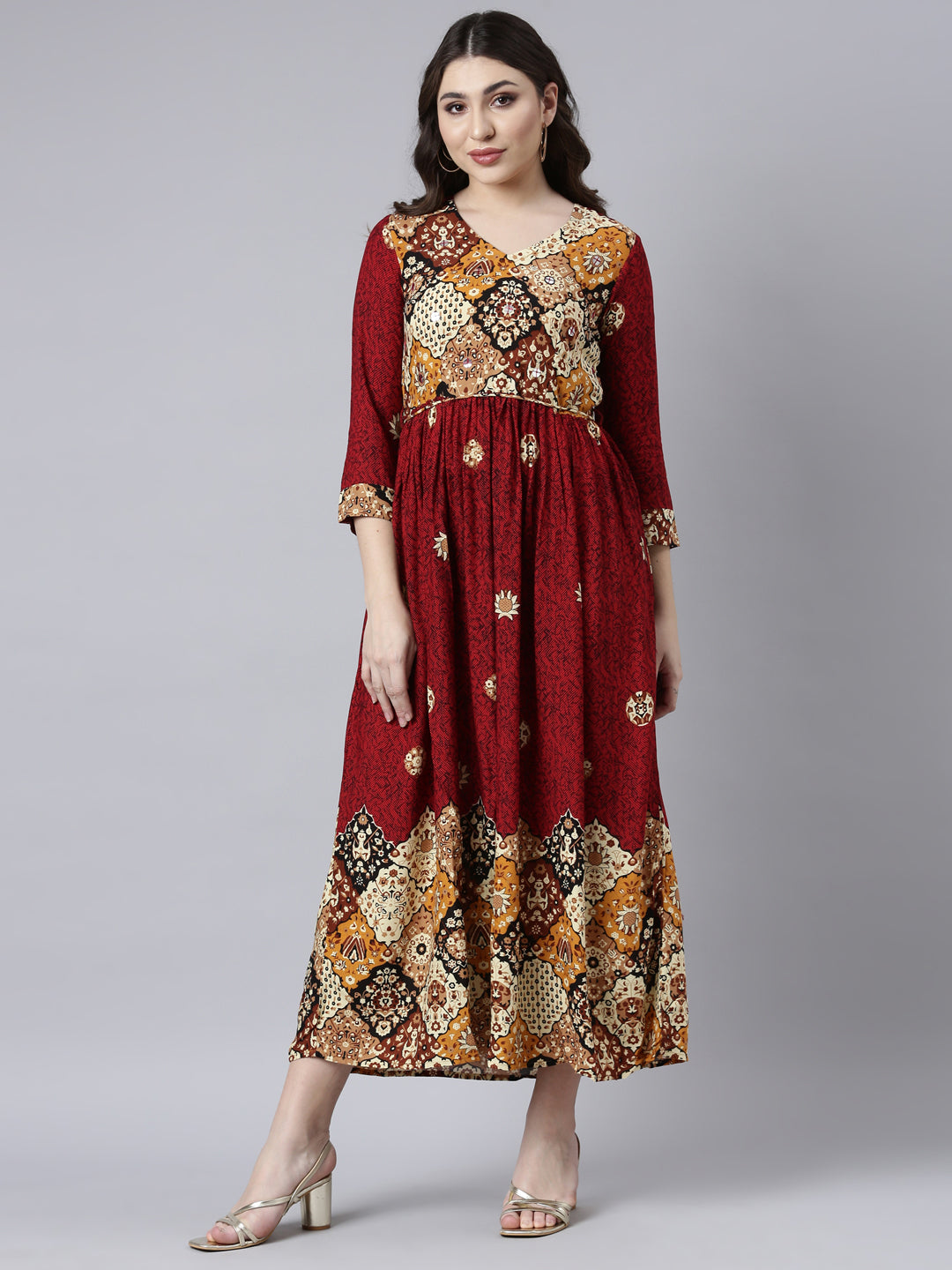 Neerus Maroon Straight Casual Floral Maxi Dresses