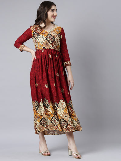 Neerus Maroon Straight Casual Floral Maxi Dresses