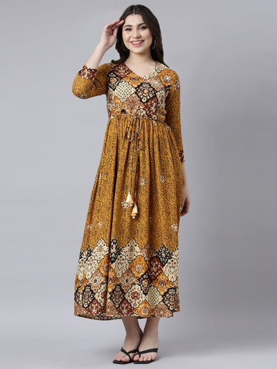 Neerus Mustard Straight Casual Floral Maxi Dresses