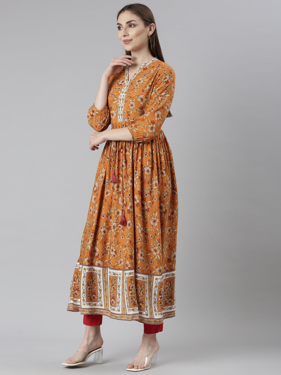 Neeru's Rust Straight Casual Floral Dresses