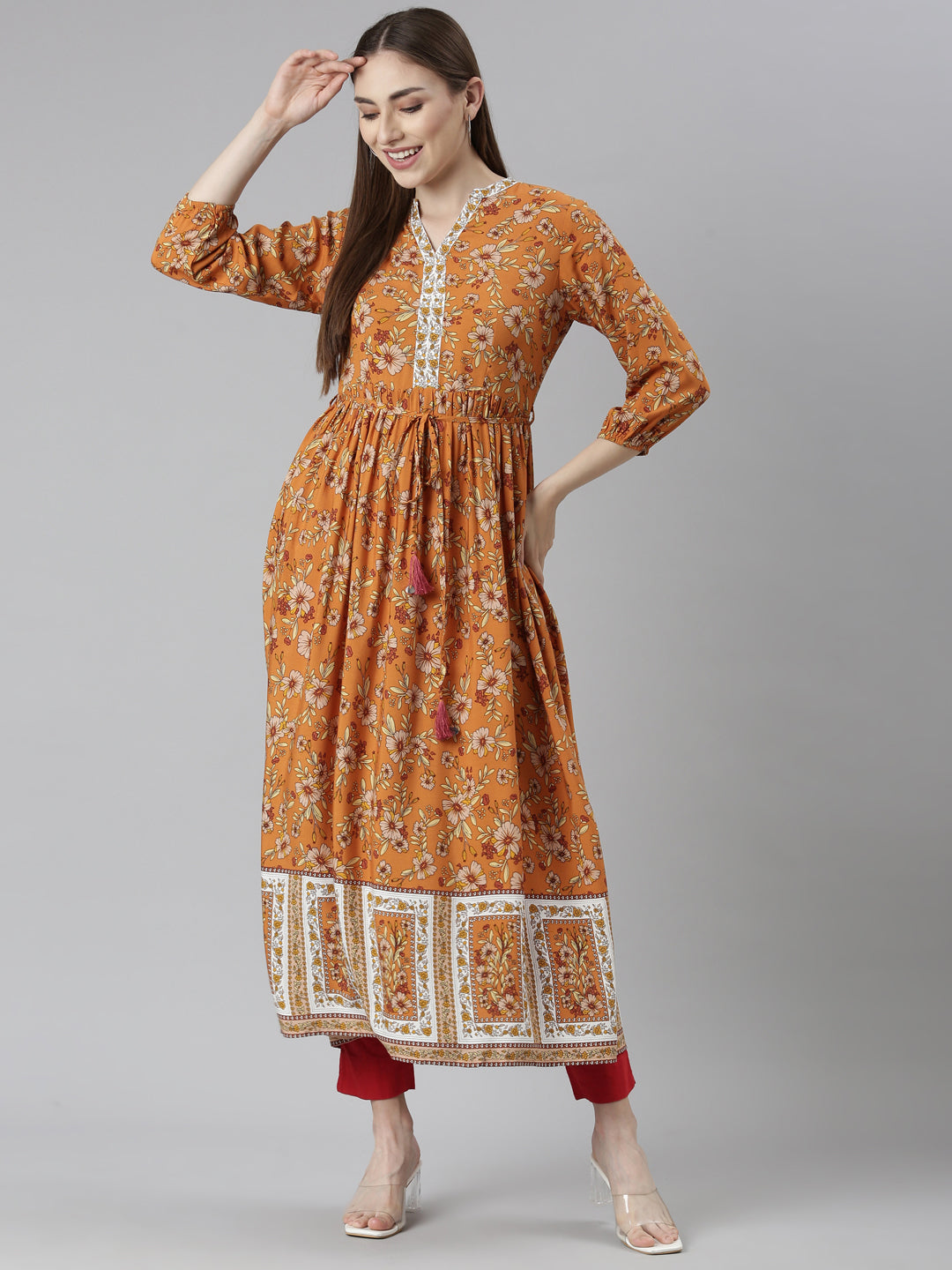 Neeru's Rust Straight Casual Floral Dresses