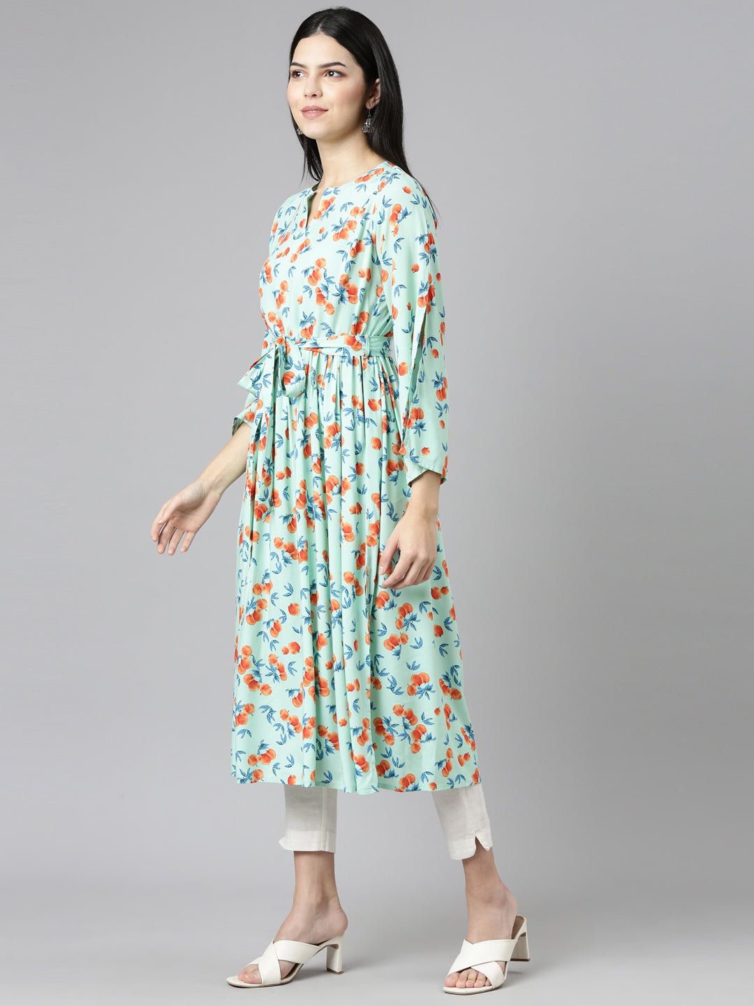 Neeru's Sea Green Pleated Straight Printed Kurtas