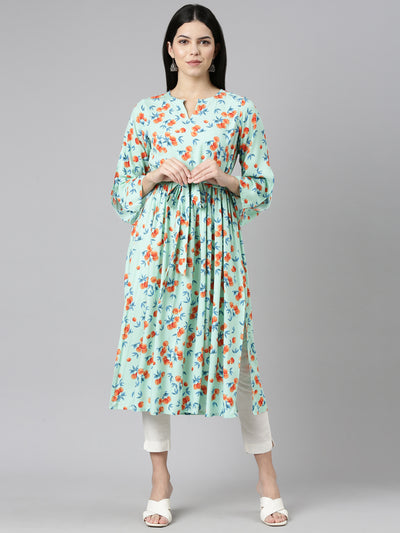 Neeru's Sea Green Pleated Straight Printed Kurtas