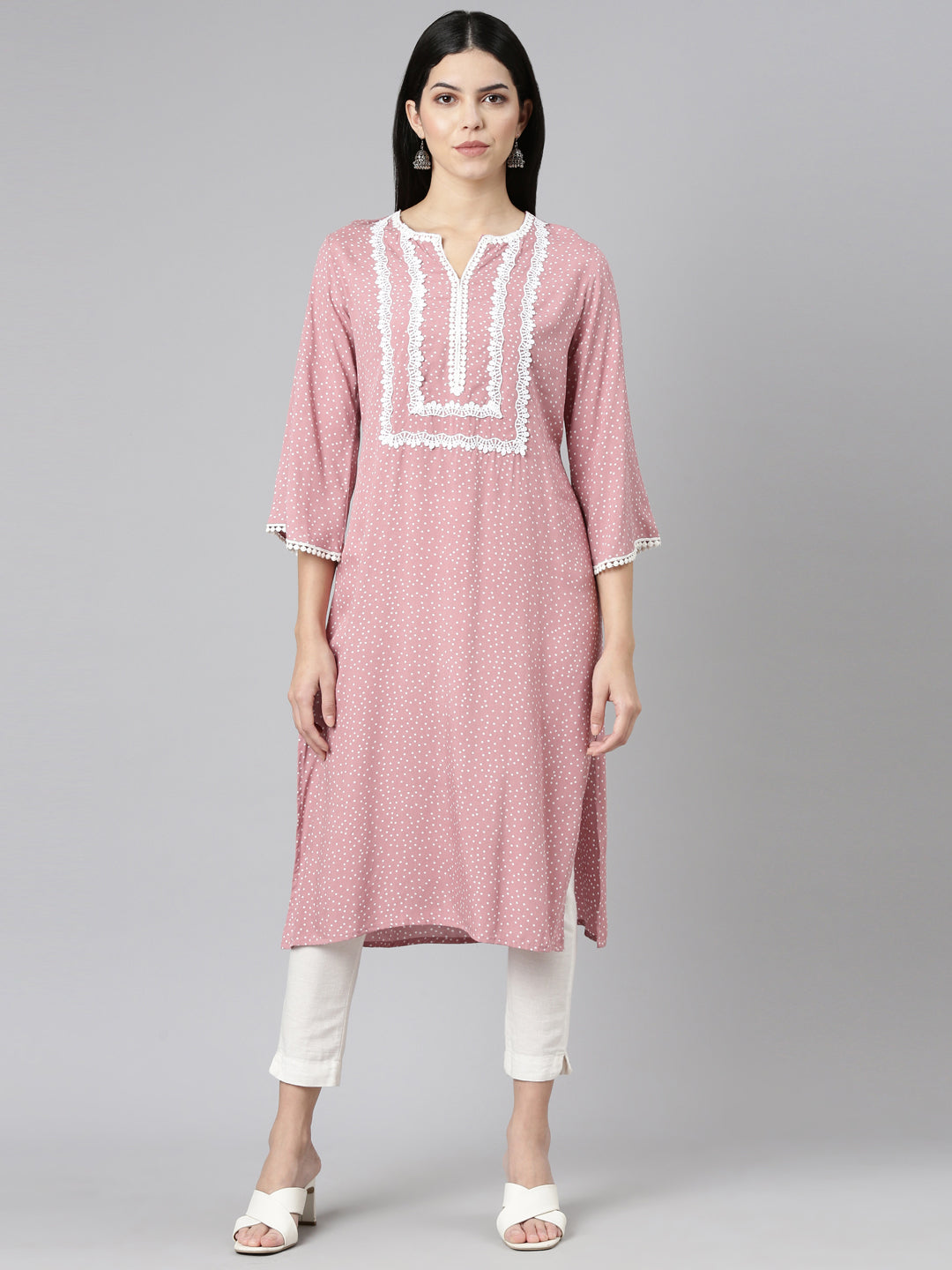 Neeru's Pink Pleated Straight Printed Kurtas