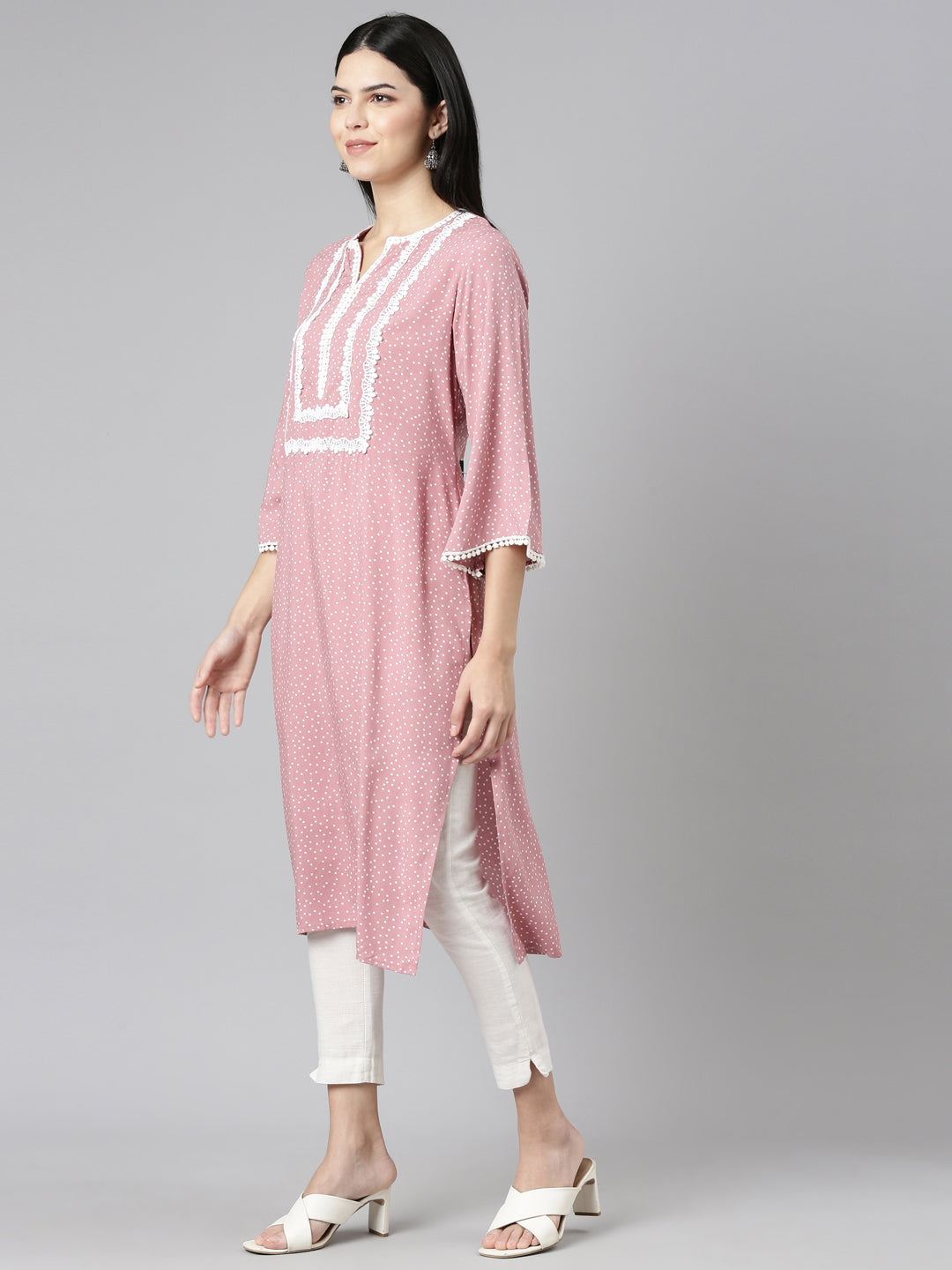 Neeru's Pink Pleated Straight Printed Kurtas