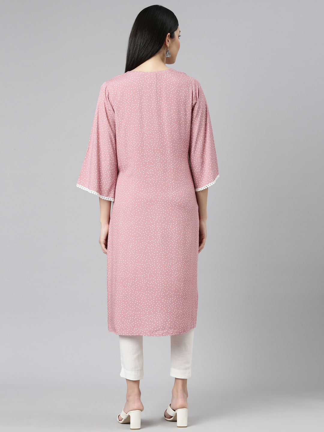 Neeru's Pink Pleated Straight Printed Kurtas