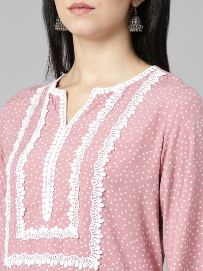 Neeru's Pink Pleated Straight Printed Kurtas