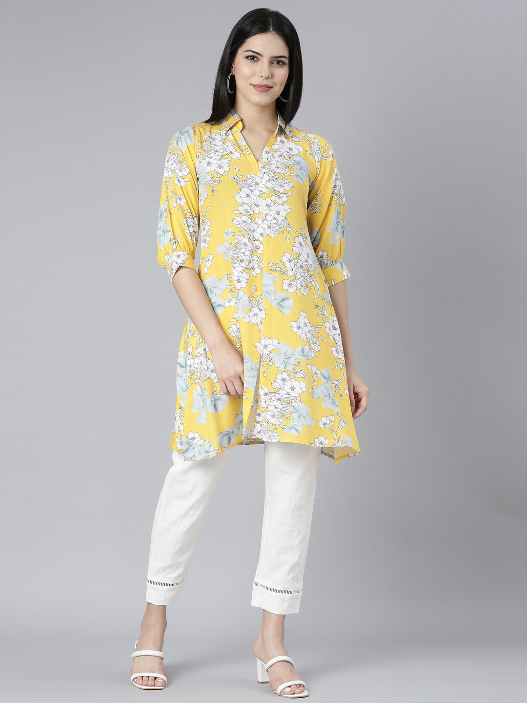 Neerus Yellow Regular Straight Floral Kurti And Trousers