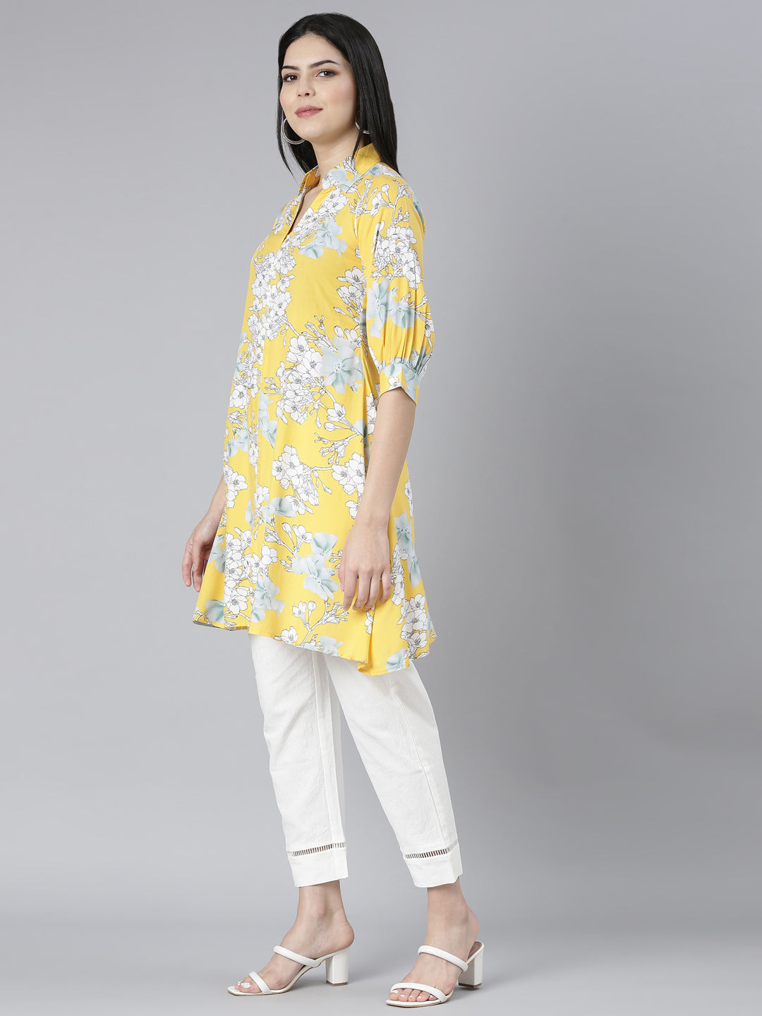 Neerus Yellow Regular Straight Floral Kurti And Trousers