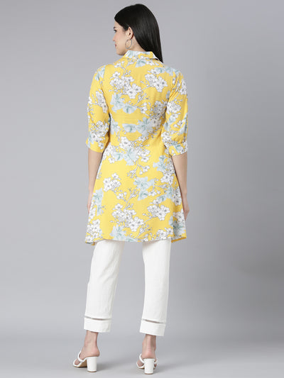 Neerus Yellow Regular Straight Floral Kurti And Trousers