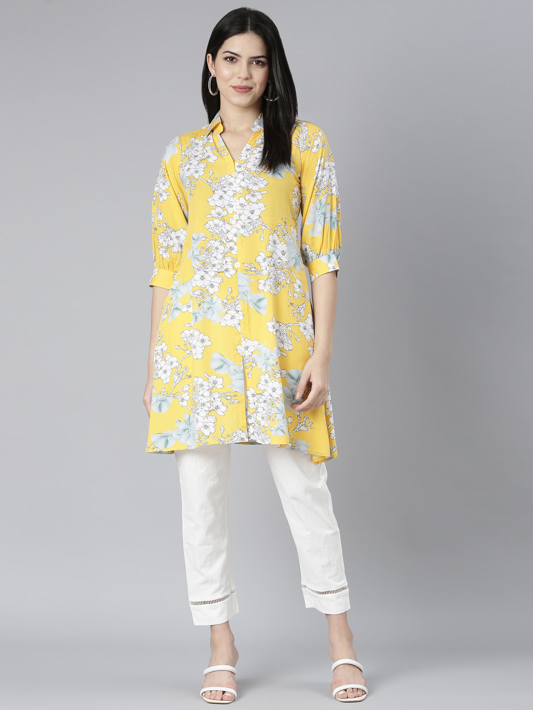 Neerus Yellow Regular Straight Floral Kurti And Trousers