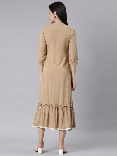 Neerus Beige Curved Casual Solid Maxi Dresses