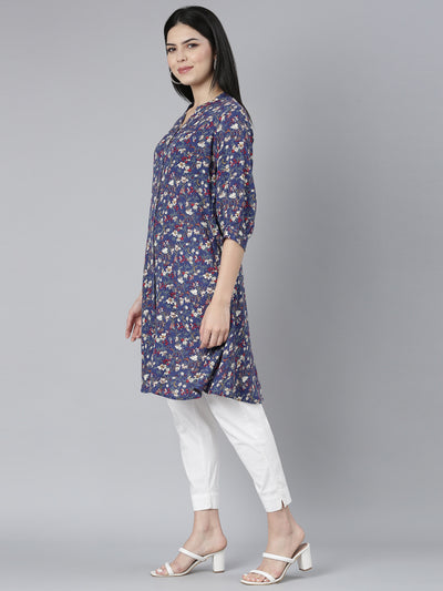 Neerus Blue Regular Straight Floral Kurtas