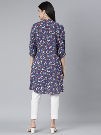 Neerus Blue Regular Straight Floral Kurtas