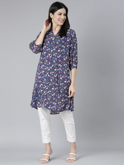 Neerus Blue Regular Straight Floral Kurtas