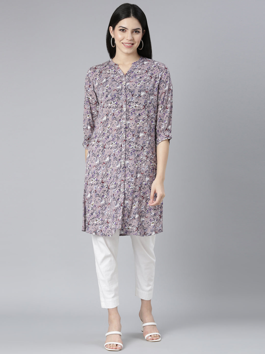 Neerus Grey Regular Straight Floral Kurtas