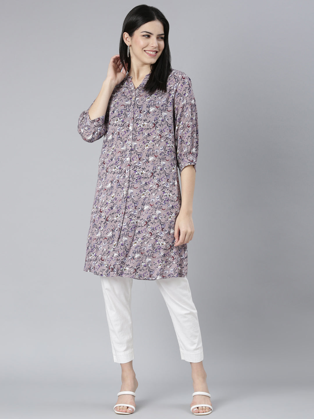 Neerus Grey Regular Straight Floral Kurtas