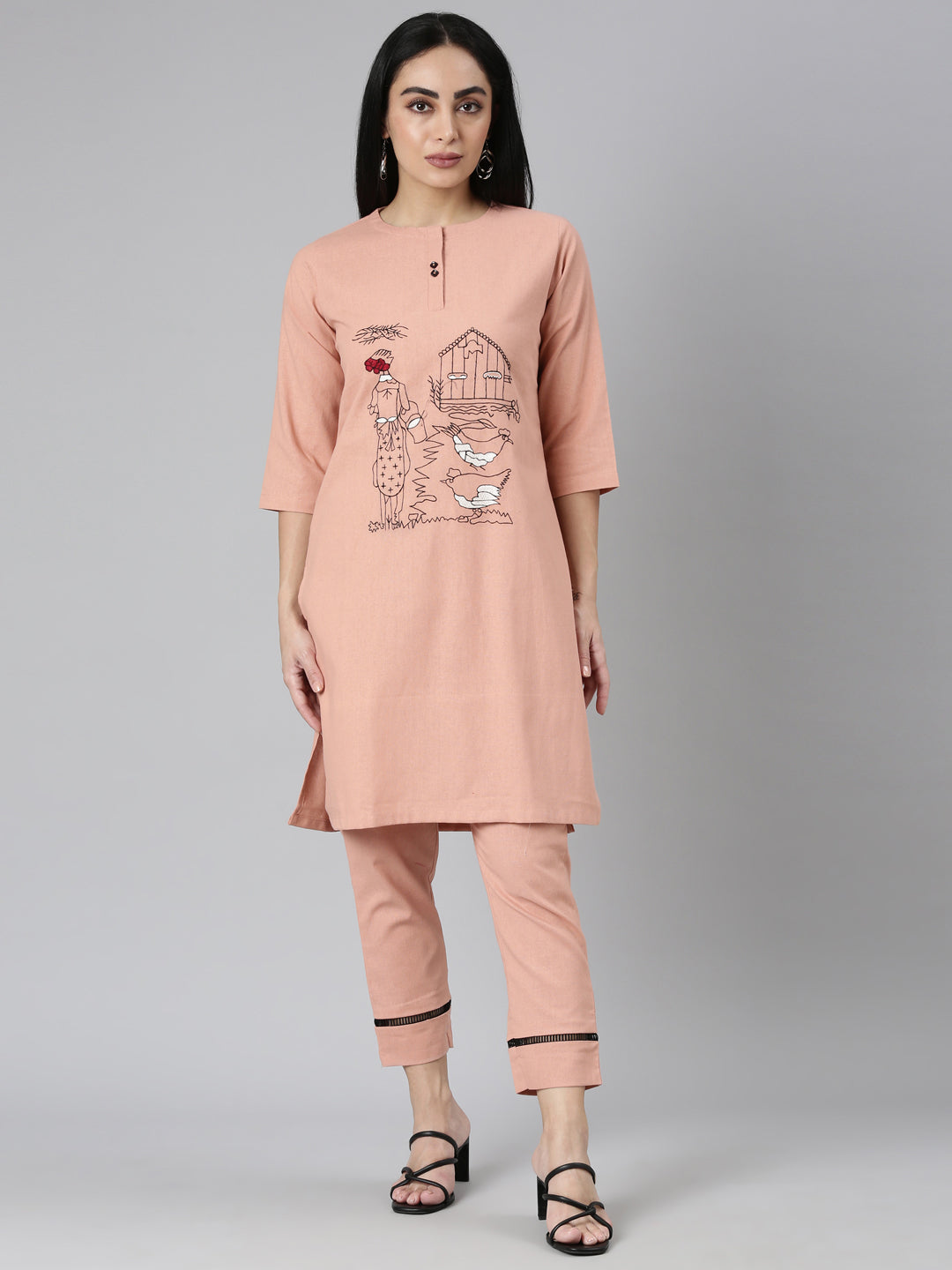 Neerus Pink Regular Straight Solid Kurta and Trousers