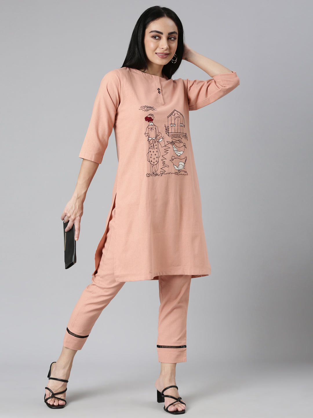 Neerus Pink Regular Straight Solid Kurta and Trousers