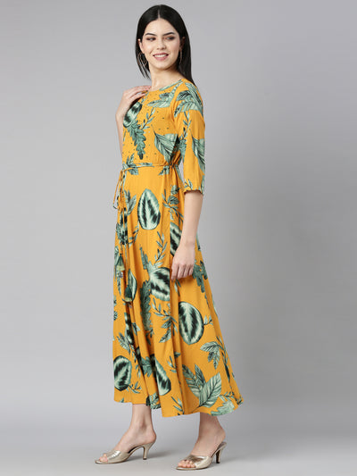 Neerus Yellow Casual Floral Fit and Flare Dresses