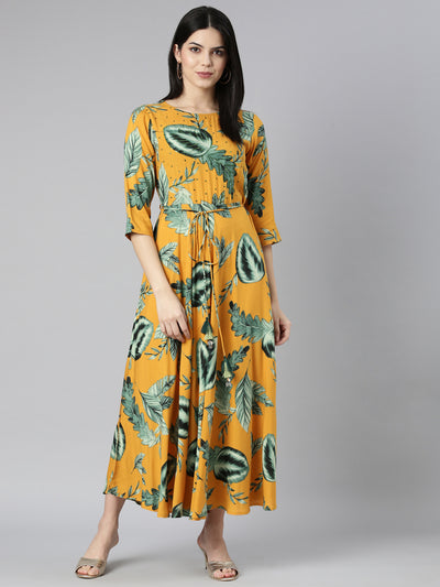 Neerus Yellow Casual Floral Fit and Flare Dresses