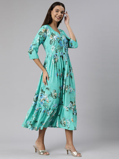 Neeru's Sea Green Straight Casual Floral Dresses