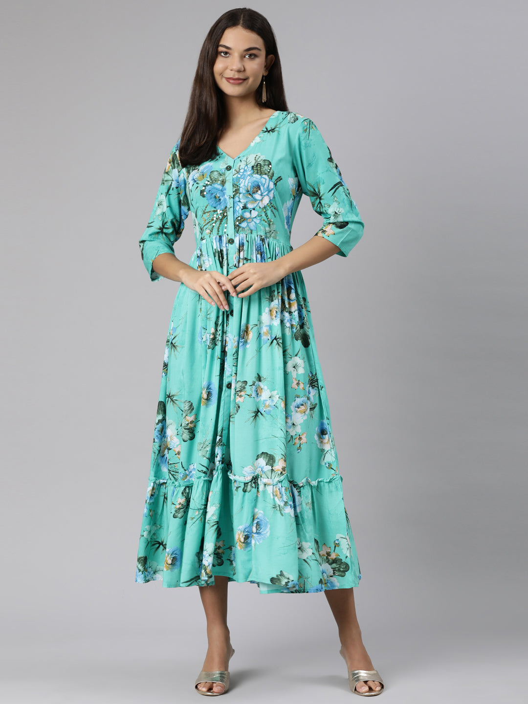 Neeru's Sea Green Straight Casual Floral Dresses