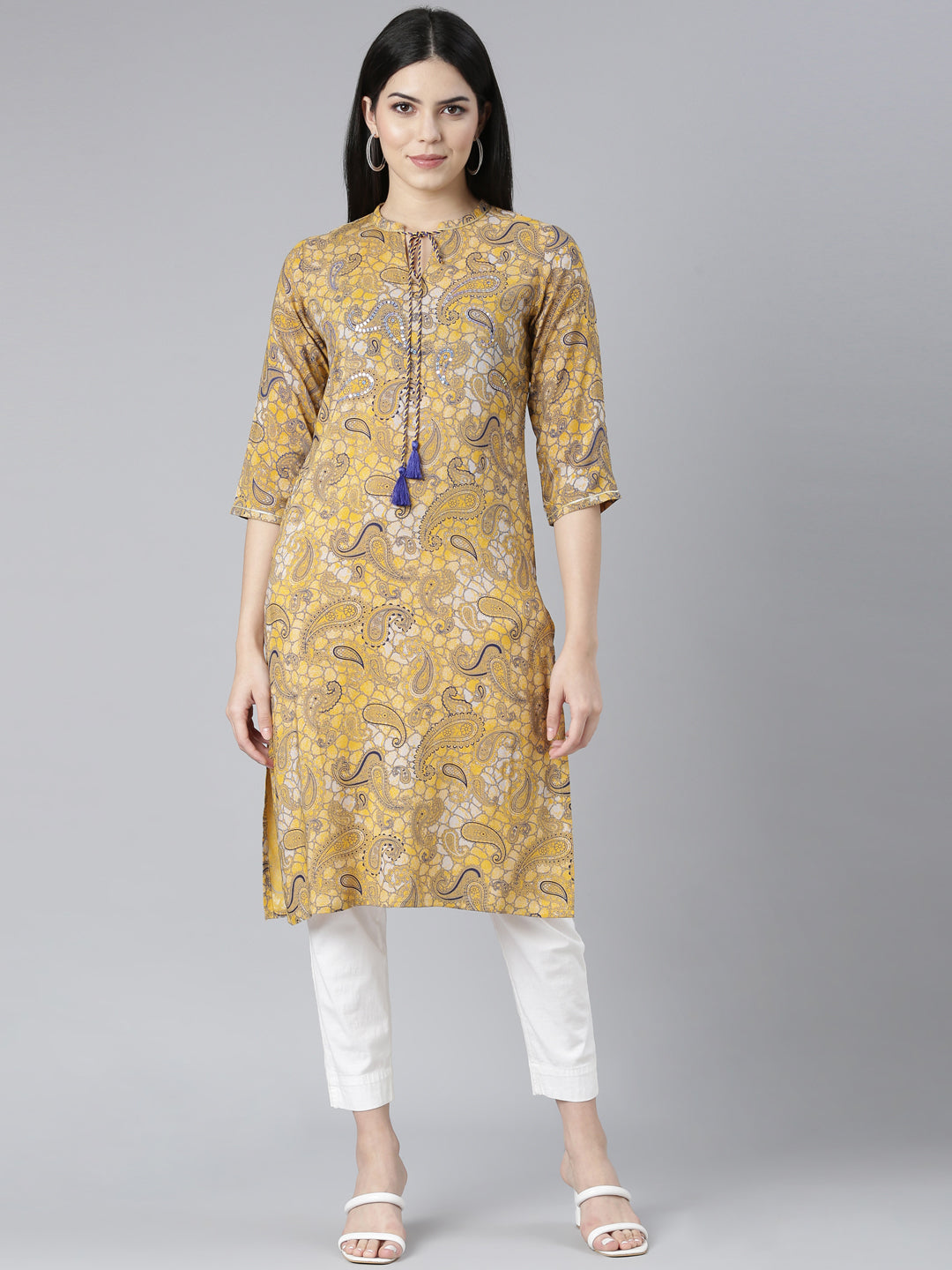 Neerus Mustard Regular Straight Paisley Kurtas