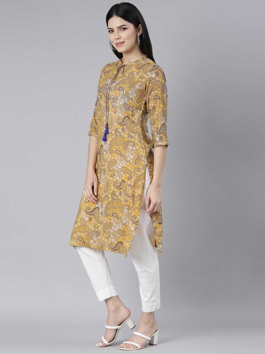 Neerus Mustard Regular Straight Paisley Kurtas