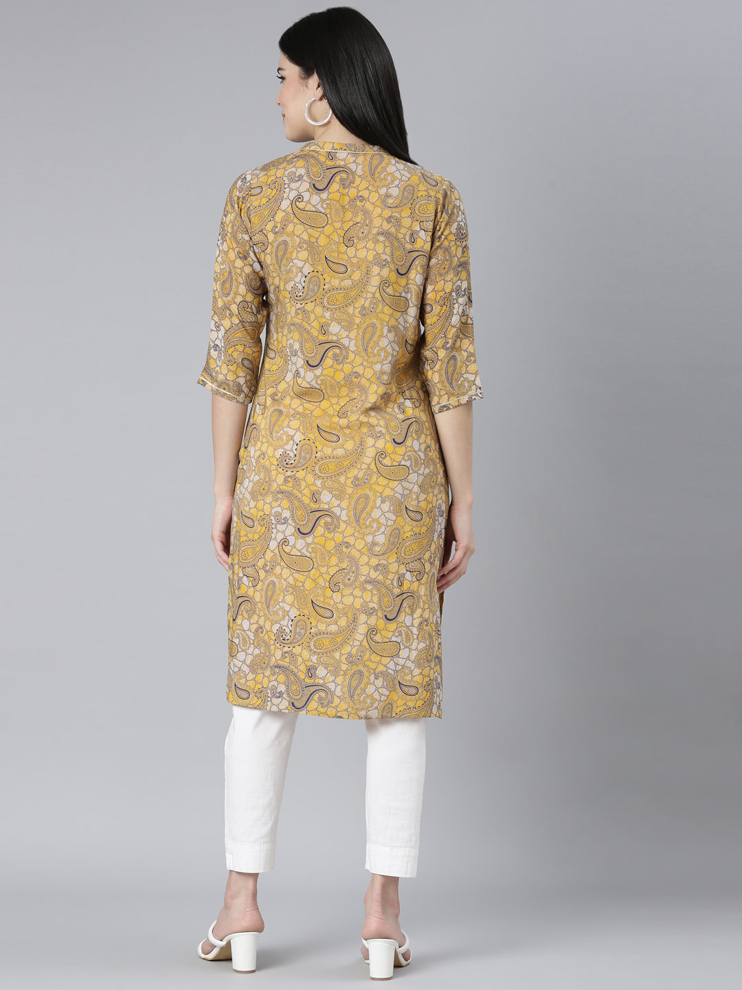 Neerus Mustard Regular Straight Paisley Kurtas