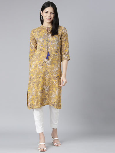 Neerus Mustard Regular Straight Paisley Kurtas