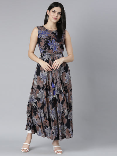 Neerus Blue Casual Floral Fit and Flare Dresses