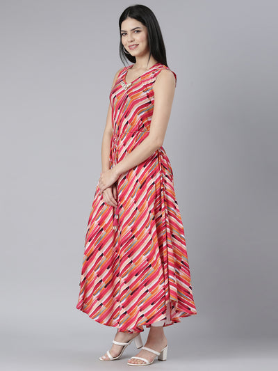 Neerus Pink High-Low Casual Striped Fit and Flare Dresses