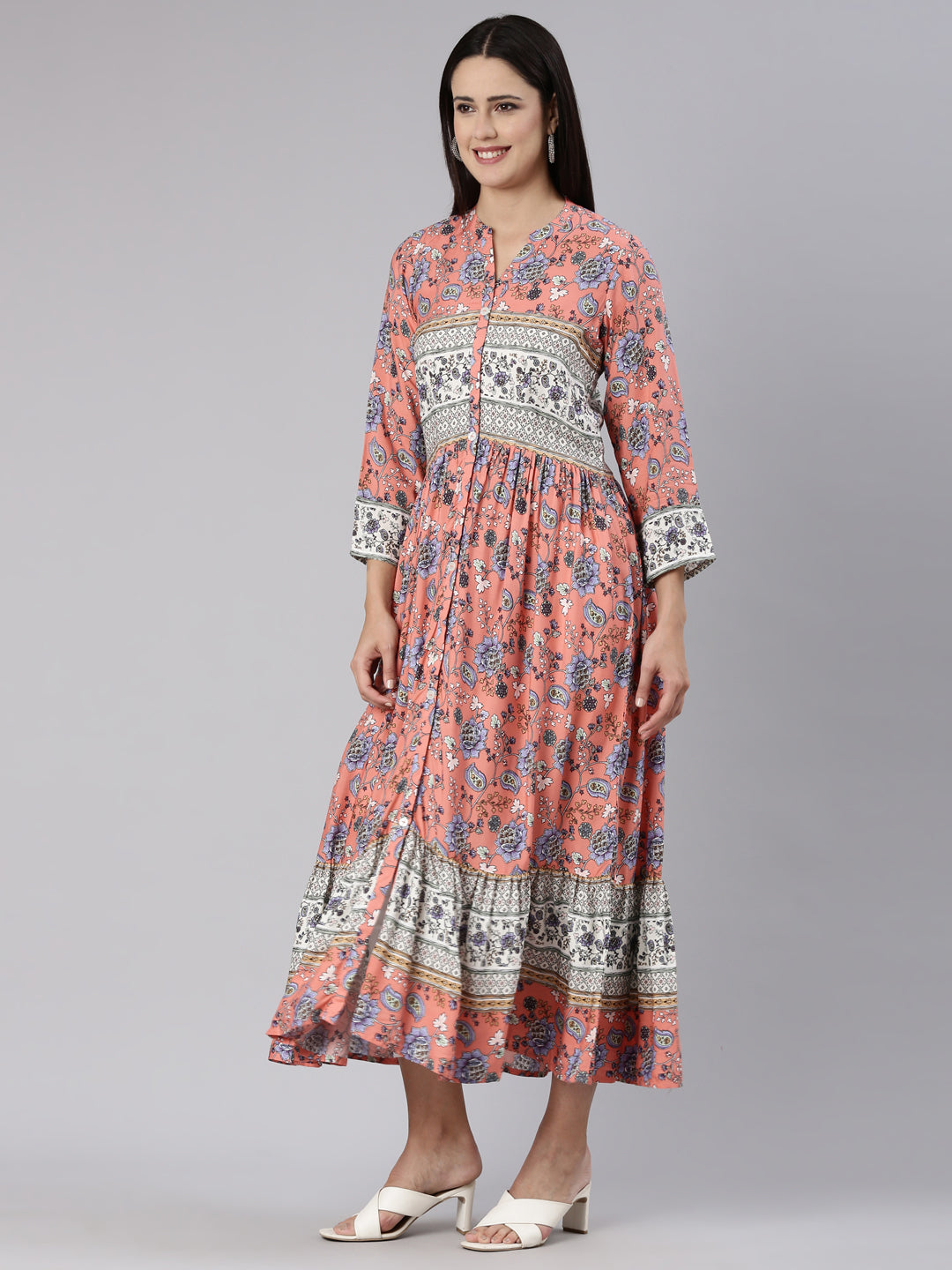 Neeru's Coral Straight Casual Floral Dress